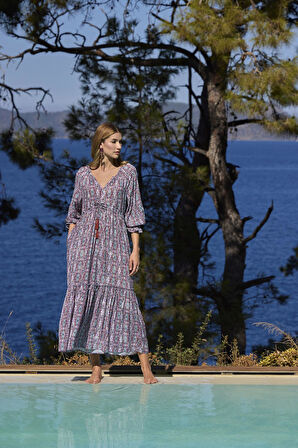 Monamise Kadın Etnik Desenli Truvakar Kollu V Yaka Elbise 25023 