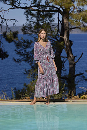 Monamise Kadın Etnik Desenli Truvakar Kollu V Yaka Elbise 25023 