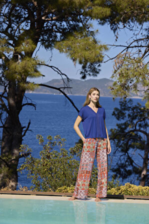 Monamise Kadın Etnik Desenli Kısa Kollu V Yaka Alt Üst Takım 25027 