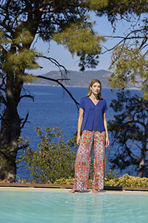 Monamise Kadın Etnik Desenli Kısa Kollu V Yaka Alt Üst Takım 25027 