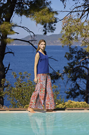 Monamise Kadın Etnik Desenli Yırtmaçlı V Yaka Askılı Alt Üst Takım 25029 