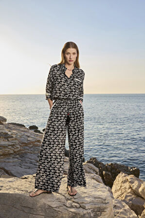 Monamise Kadın Balık Desenli Truvakar Kollu Gömlek Yaka Alt Üst Takım 25033 