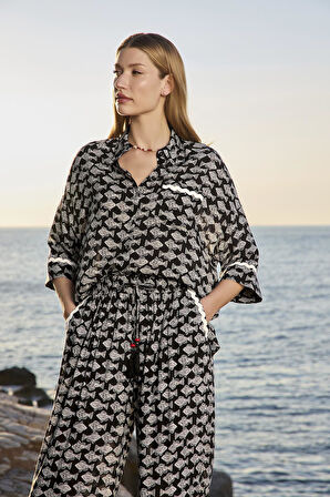 Monamise Kadın Balık Desenli Truvakar Kollu Gömlek Yaka Alt Üst Takım 25033 