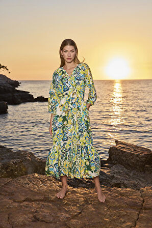 Monamise Kadın Desenli Truvakar Kollu Önü Düğmeli V Yaka Elbise 25034 