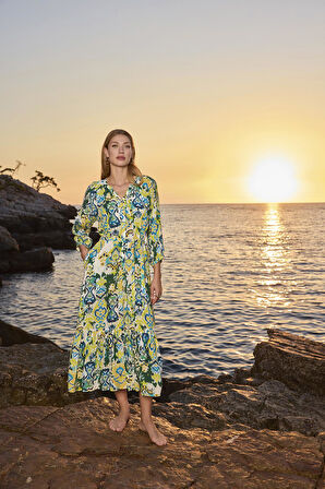 Monamise Kadın Desenli Truvakar Kollu Önü Düğmeli V Yaka Elbise 25034 