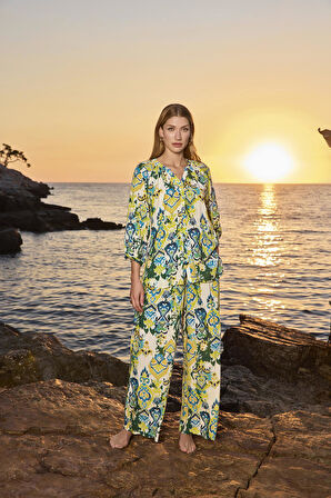 Monamise Kadın Desenli Truvakar Kollu Önü Düğmeli V Yaka Alt Üst Takım 25035 