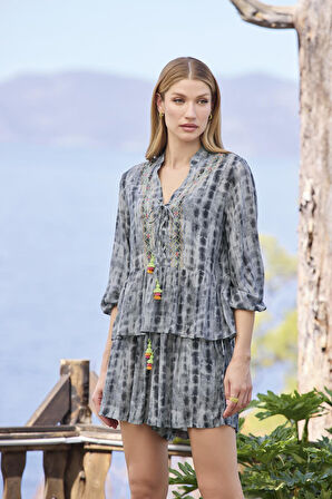 Monamise Kadın Desenli Truvakar Kollu V Yaka Alt Üst Takım 25044 