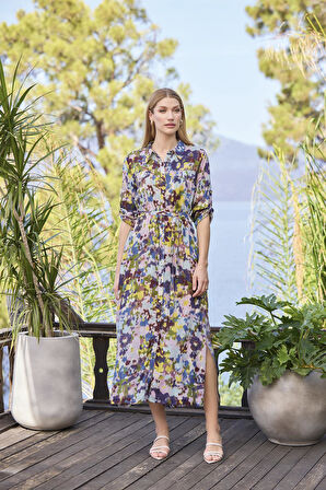 Monamise Kadın Desenli ve Yırtmaçlı Önü Düğmeli Gömlek Yaka Elbise 25048 