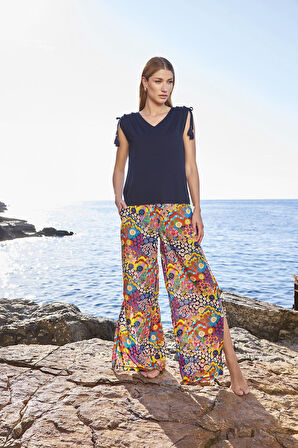 Monamise Kadın Ççiçek Desenli Yırtmaçlı Askılı V Yaka Alt Üst Takım 25057 