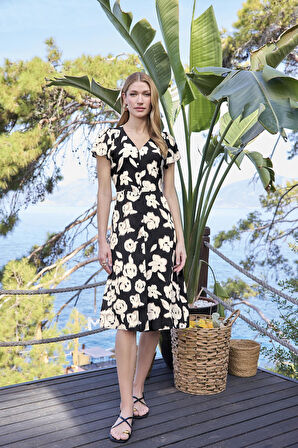 Monamise Kadın Desenli Önü Düğmeli Kısa Kollu V Yaka Elbise 25061 