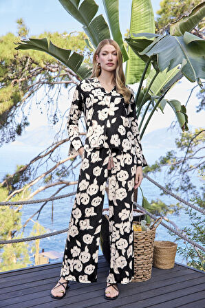 Monamise Kadın Desenli Önü Düğmeli Uzun Kollu Gömlek Yaka Alt Üst Takım 25060 