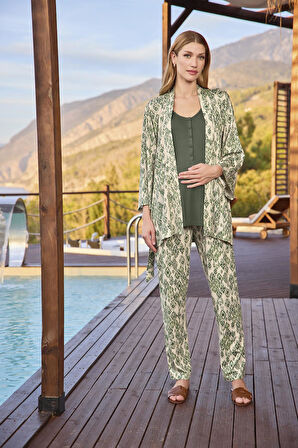 Monamise Kadın Etnik Desenli ve Dantelli Hamile Lohusa 3'lü Pijama Takımı 25118 