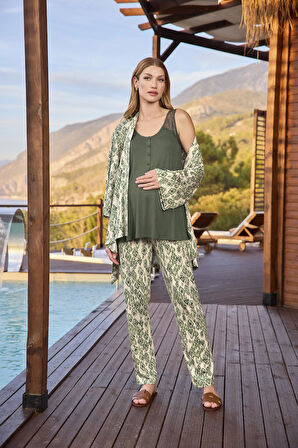 Monamise Kadın Etnik Desenli ve Dantelli Hamile Lohusa 3'lü Pijama Takımı 25118 