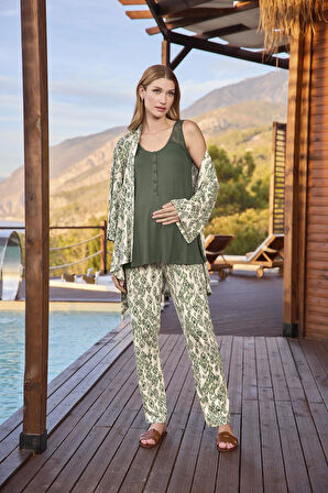 Monamise Kadın Etnik Desenli ve Dantelli Hamile Lohusa 3'lü Pijama Takımı 25118 