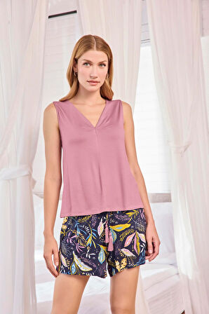 Monamise Kadın Yaprak Desenli Askılı Bisiklet Yaka Şort Takımı 25120 