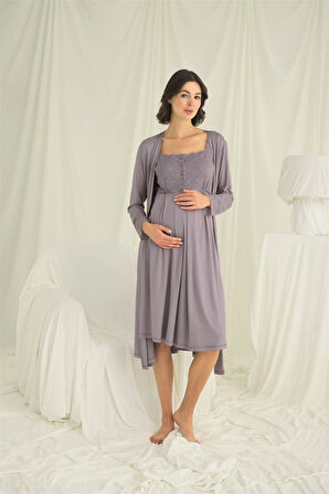 Monamise Kadın Dantelli Önü Düğmeli Hamile Lohusa Sabahlık Takımı 18670 