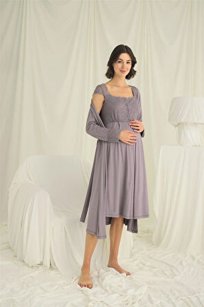 Monamise Kadın Dantelli Önü Düğmeli Hamile Lohusa Sabahlık Takımı 18670 