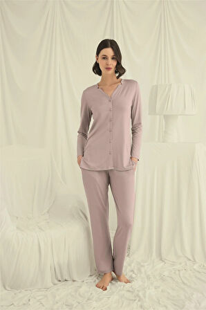 Monamise Kadın Uzun Kollu Boydan Düğmeli V Yaka Pijama Takımı 18675 