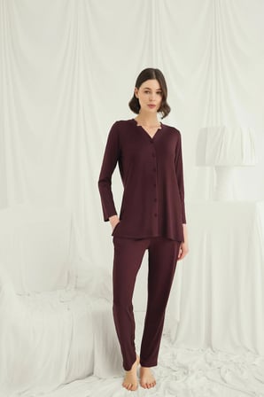 Monamise Kadın Uzun Kollu Boydan Düğmeli V Yaka Pijama Takımı 18691 