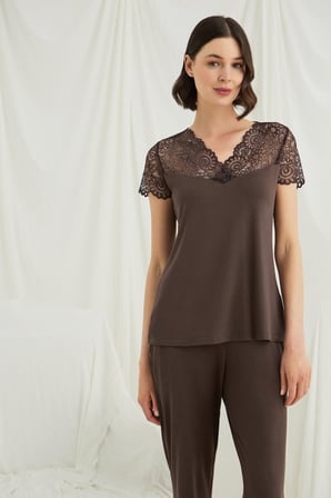 Monamise Kadın Kısa Kollu ve Dantelli V Yaka Pijama Takımı 18702 