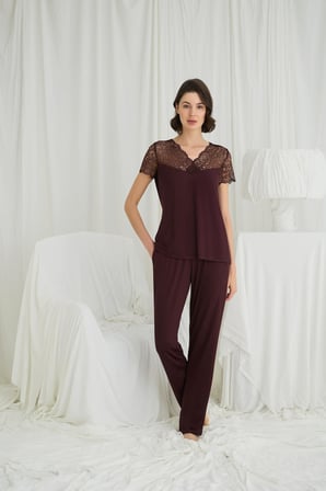 Monamise Kadın Kısa Kollu ve Dantelli V Yaka Pijama Takımı 18712 