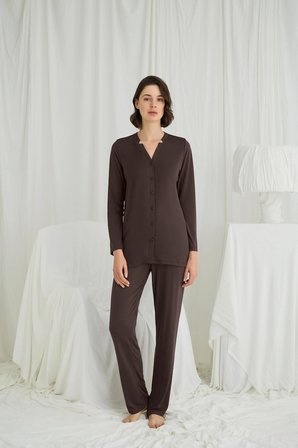 Monamise Kadın Uzun Kollu Boydan Düğmeli V Yaka Pijama Takımı 18701 