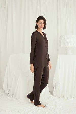 Monamise Kadın Uzun Kollu Boydan Düğmeli V Yaka Pijama Takımı 18701 