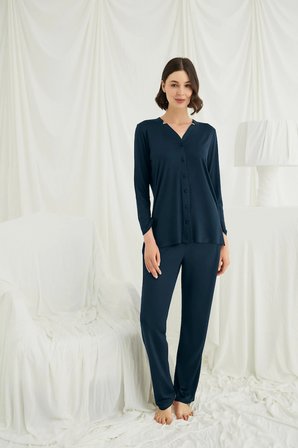 Monamise Kadın Uzun Kollu Boydan Düğmeli V Yaka Pijama Takımı 18681 