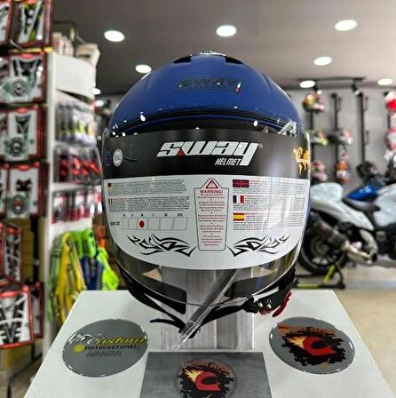 Sway 715 Şeffaf Vizörlü Yarım Motosiklet Scooter Kaskı M Beden Solid Metalic Blue