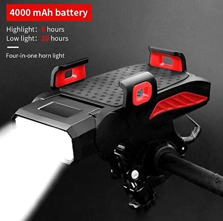 FORTE GT 6139-1 Bisiklet 500 Lümen Ön Far Korna USB Şarjlı Telefon Tutucu Powerbank Mavi