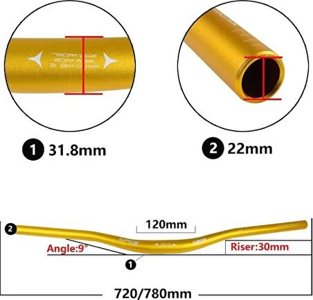 Wake Alüminyum 31.8 780 mm Riser Mtb Gidon Bisiklet Gidonu Gold