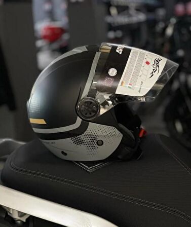 Sway 715 Şeffaf Vizörlü Yarım Motosiklet Scooter Kaskı XL Beden Gemini Grey