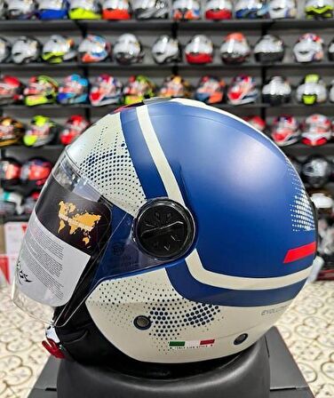 Sway 715 Şeffaf Vizörlü Yarım Motosiklet Scooter Kaskı 2XL Beden Blue Beıge