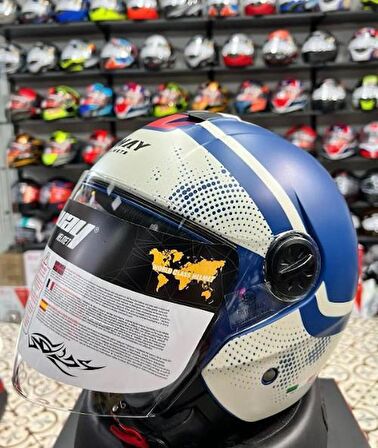 Sway 715 Şeffaf Vizörlü Yarım Motosiklet Scooter Kaskı 2XL Beden Blue Beıge