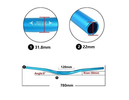 Wake Alüminyum 31.8 780mm Riser Mtb Gidon Freeride Bisiklet Gidonu Mavi