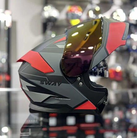 Sway 912 Full Face İridyum Vizör Çene Açılır Motosiklet Kaskı M Beden C1 Red + 1 Şeffaf Vizör Hediyeli