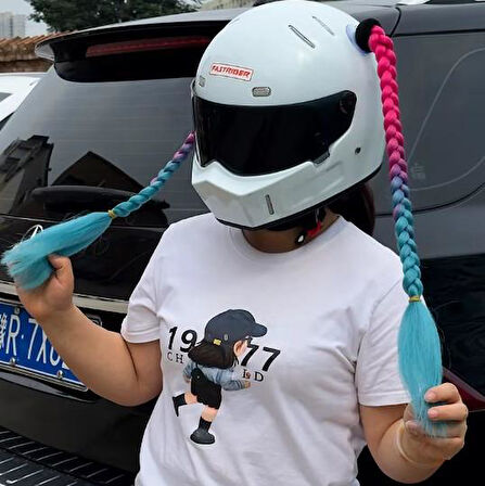 Tex Kask Süsü 5 Motosiklet Bisiklet Ve Kayak Kask Süsü Kalın Örgü At Kuyruğu Saç Pembe Mavi