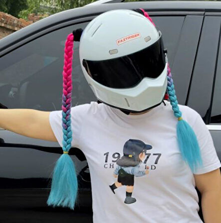 Tex Kask Süsü 5 Motosiklet Bisiklet Ve Kayak Kask Süsü Kalın Örgü At Kuyruğu Saç Pembe Mavi