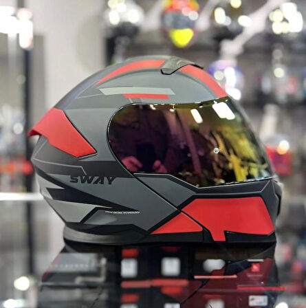 Sway 912 Full Face İridyum Vizör Çene Açılır Motosiklet Kaskı XL Beden C1 Red + 1 Şeffaf Vizör Hediyeli