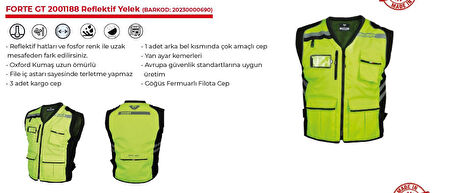 Forte Gt 1188 Motosiklet Reflektif Yelek 3 Adet Kargo Cepli Rüzgar Geçirmez 3XL Beden