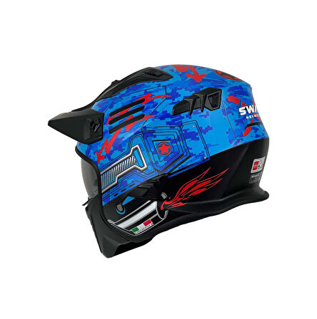 Sway X2 Tokyo Trooper Modüler Full Face Çene Sökülebilen Motosiklet Kaskı M Beden Mavi Kırmızı