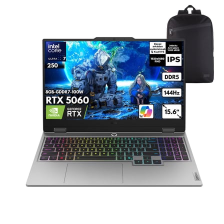 Lenovo LOQ 15AHP10 Ryzen 7-250 16-GBDDR5 2 TBSSD RTX5060 (8GB-GDDR7-100W) 15.6" FHD 144Hz IPS Windows 11 Home + QB Sırt Çantası 83JG008UTRQB36