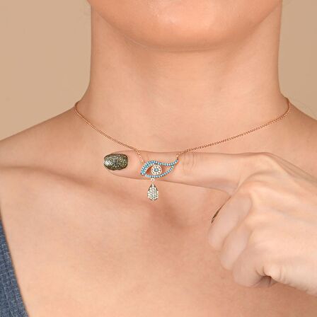 Zirkon Taşlı Pırlanta Montür Göz Sallantılı Damla Rose Kaplama Gümüş Kolye