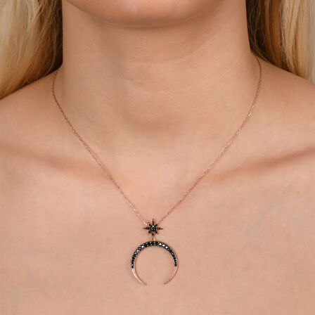 Zirkon Taşlı Pırlanta Montür Yıldız Hilal Rose Altın Kaplama Gümüş Kolye