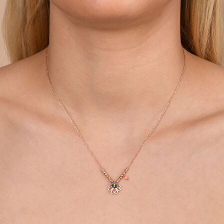 Renkli Taşlı Rose Altın Kaplama Toplu Boncuklu Desenli Gümüş Kolye