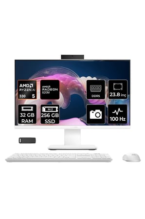 ExpertCenter P600 Ryzen AI 5 330 32GB RAM 256GB SSD 23.8" Full HD (1920x1080) FreeDOS PM640KAP319 Beyaz AI-Powered All In One Bilgisayar + Per4 USB Bellek