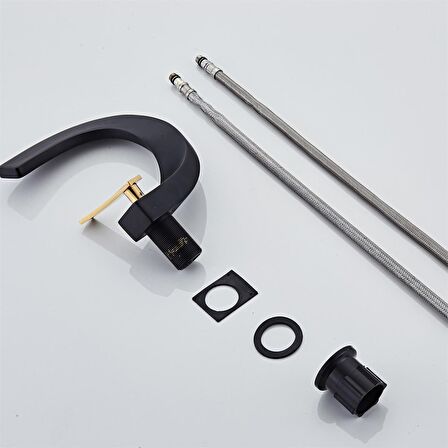 Mat Modern Siyah Gold Güverte Monteli Banyo Lavabo Musluğu Özel Tasarım Musluk Soğuk ve Sıcak