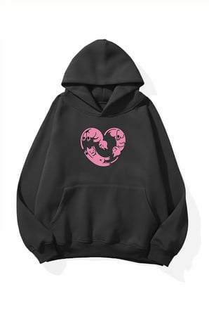 Unisex Yumuşak Dokulu Kedi Kalp Baskılı Tasarım Oversize 3 İplik Hoodie Sweatshirt
