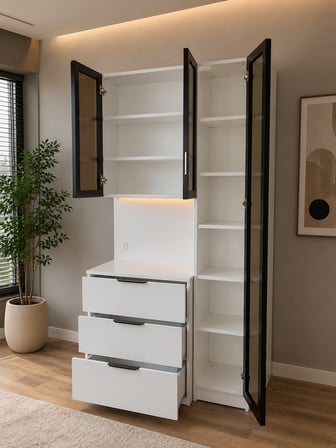 Vega Beyaz Kahve Köşesi LED Işıklı Cam Vitrinli Kahve Dolabı 3 Çekmeceli