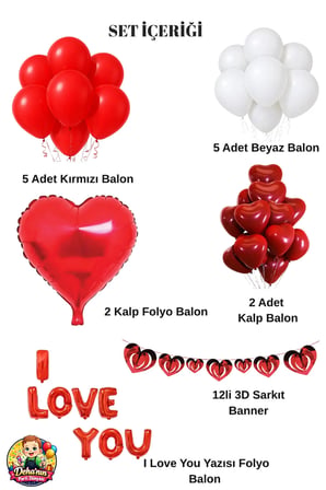 Dehaparty I Love You Folyo Balon Seti Kırmızı Kalp Balonlu Sevgililer Günü Evlilik Teklifi Süsü